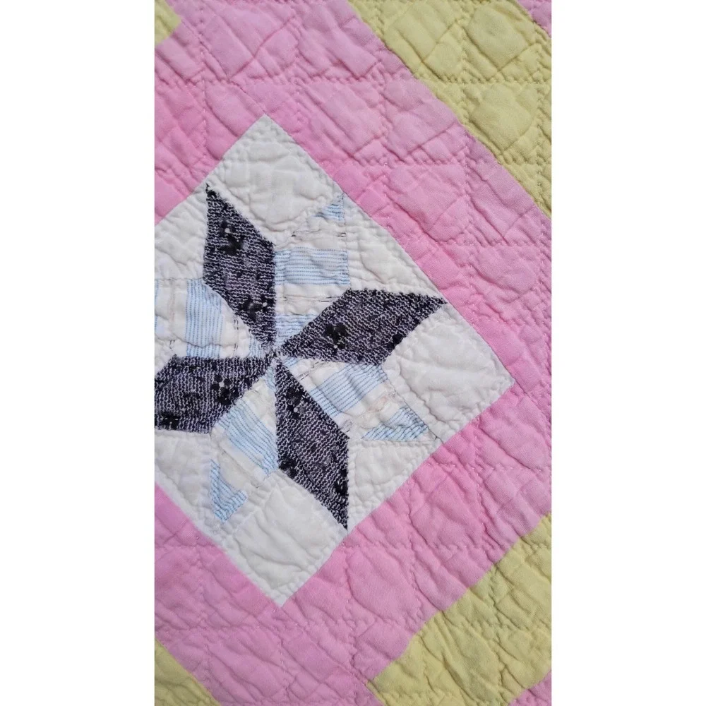 Vintage Friendship Star Quilt‎ Hand Quilted Pink Yellow Patchwork 64x75 Cottage
